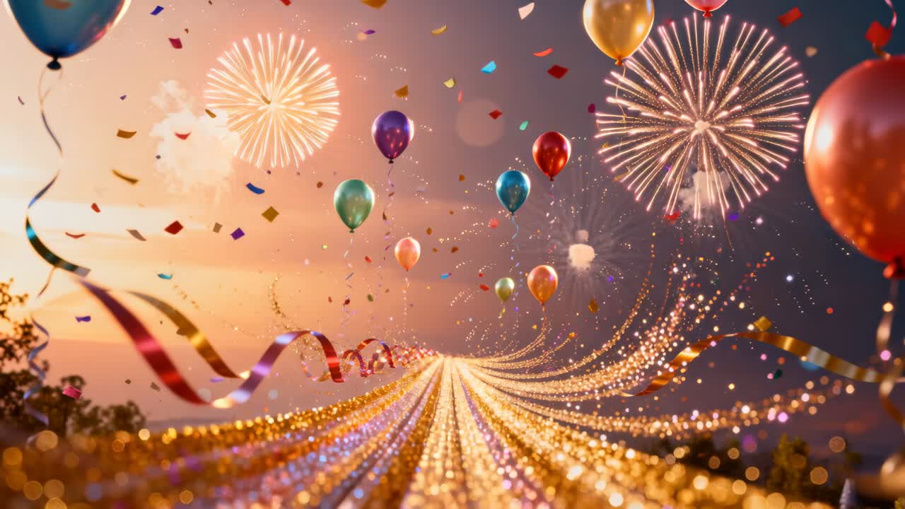 金色小徑在黃昏時分導引光芒至地平線，煙花開始綻放，氣球緩緩升起。
