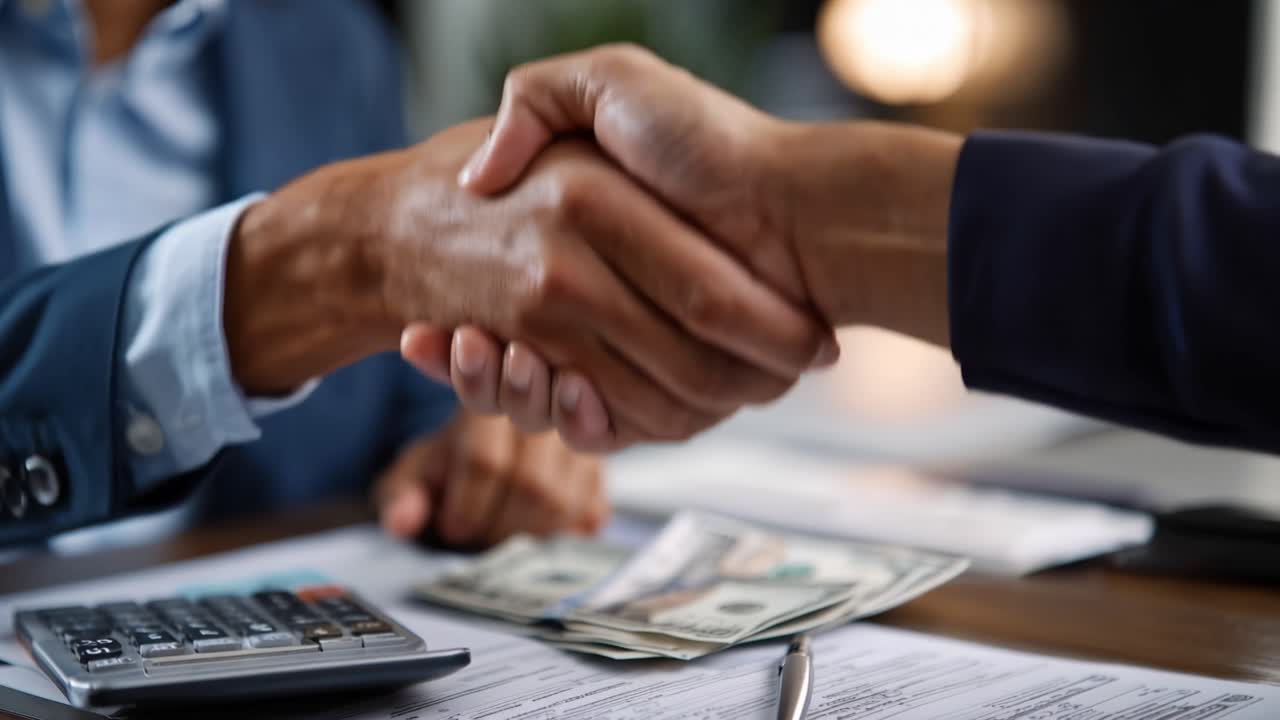 Dos individuos se dan un firme apretón de manos, simbolizando un acuerdo o asociación entre documentos y dinero, indicativo de colaboración empresarial o financiera.
