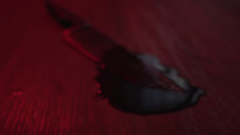 a blood covered kitchen knife lying in a pool of blood on a horrible crime scene slowly comes into focus