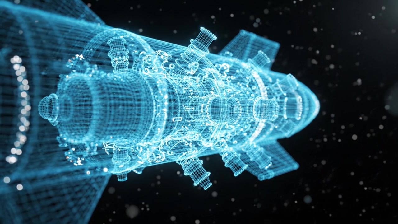 A Stunning Visualization of a Futuristic Rocket: A 3D Holographic Representation Showcasing Intricate Details and Design Elements in a Cosmic Environment