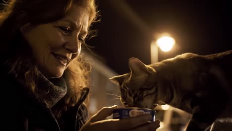 a moment of connection: a woman and a cat share a quiet evening, surrounded by soft glow of streetlights and curiosity over a small treat