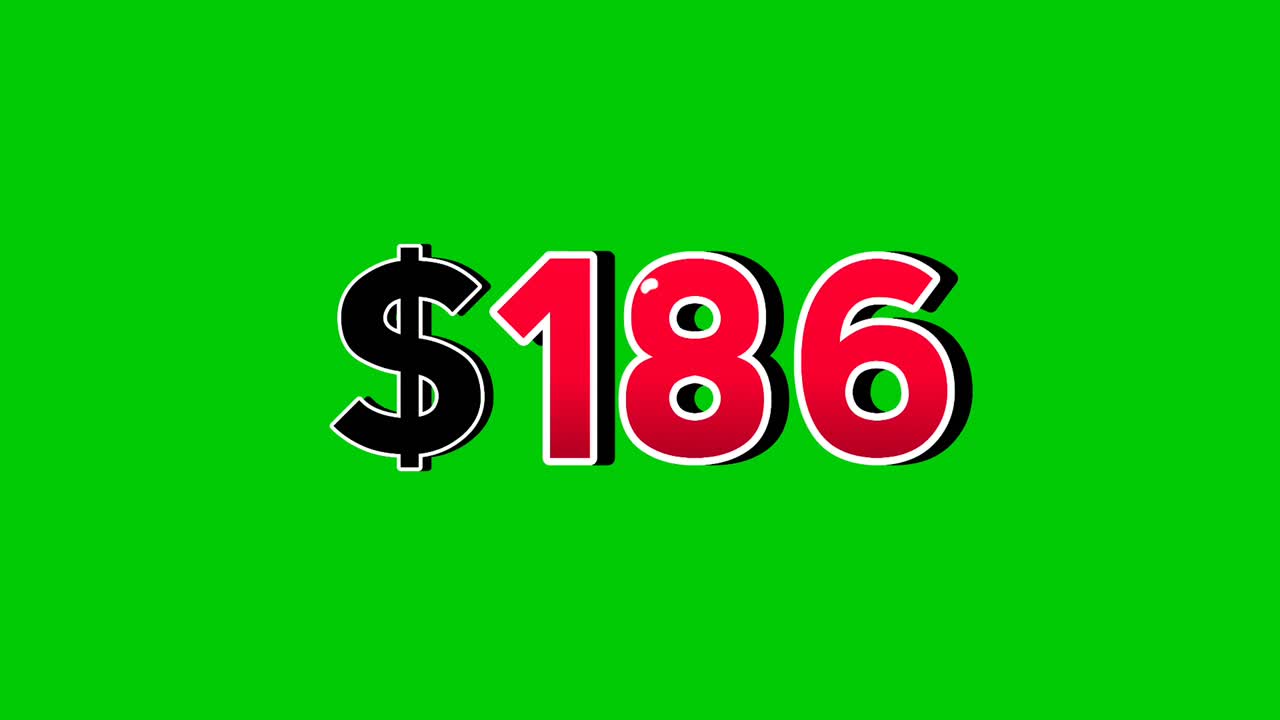 Animation number $186 dollar sign motion graphics with smoke effect green screen background vibrant red numbers. Video 3D effect with shadows for video elements business concept
