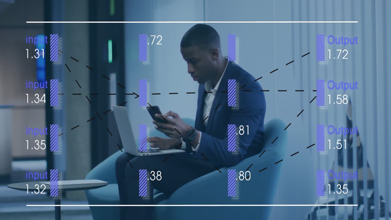 Animation of data processing over businessman in office