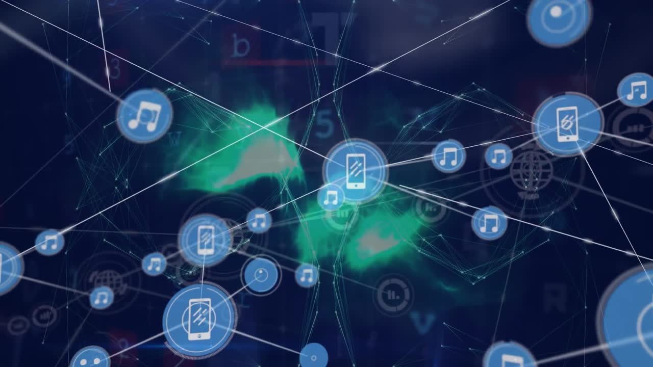 Animation of network of connections with icons over data processing on black background