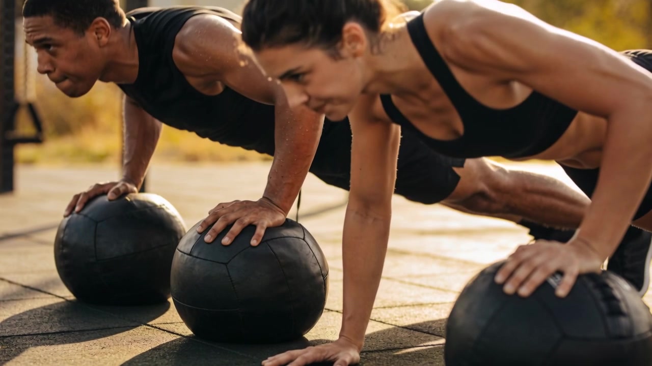 Ein Paar in schwarzer Sportkleidung beginnt in der Plank-Position und macht synchron Medizinball-Liegestütze in einem Outdoor-Fitnessstudio zum Krafttraining.