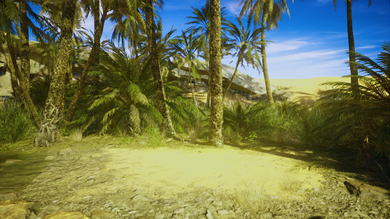 Lush oasis landscape with palm trees and a vibrant sky in a desert setting