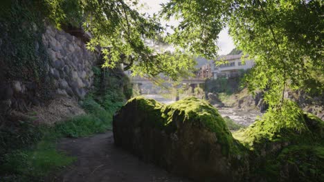 moss covered rocks at secret riverside spot in gujo hachiman, gifu japan