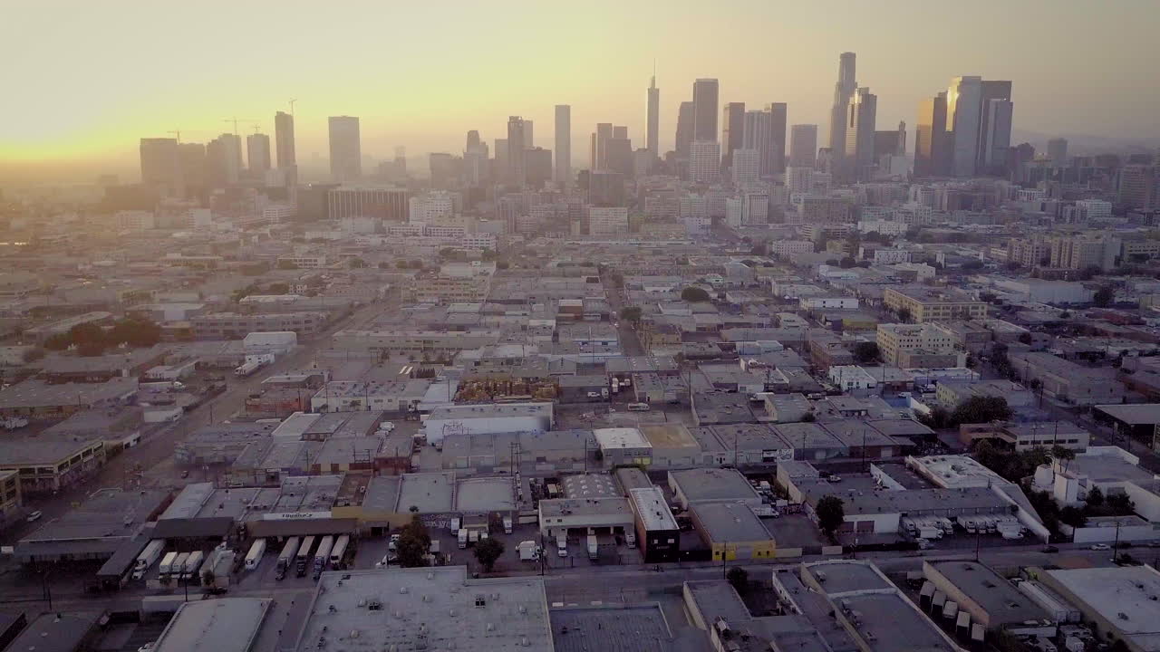 Aerial View of Los Angeles Cityscape at Sunset or Sunrise