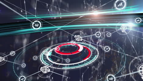 animation of circular scanner processing with network of icons exchanging data