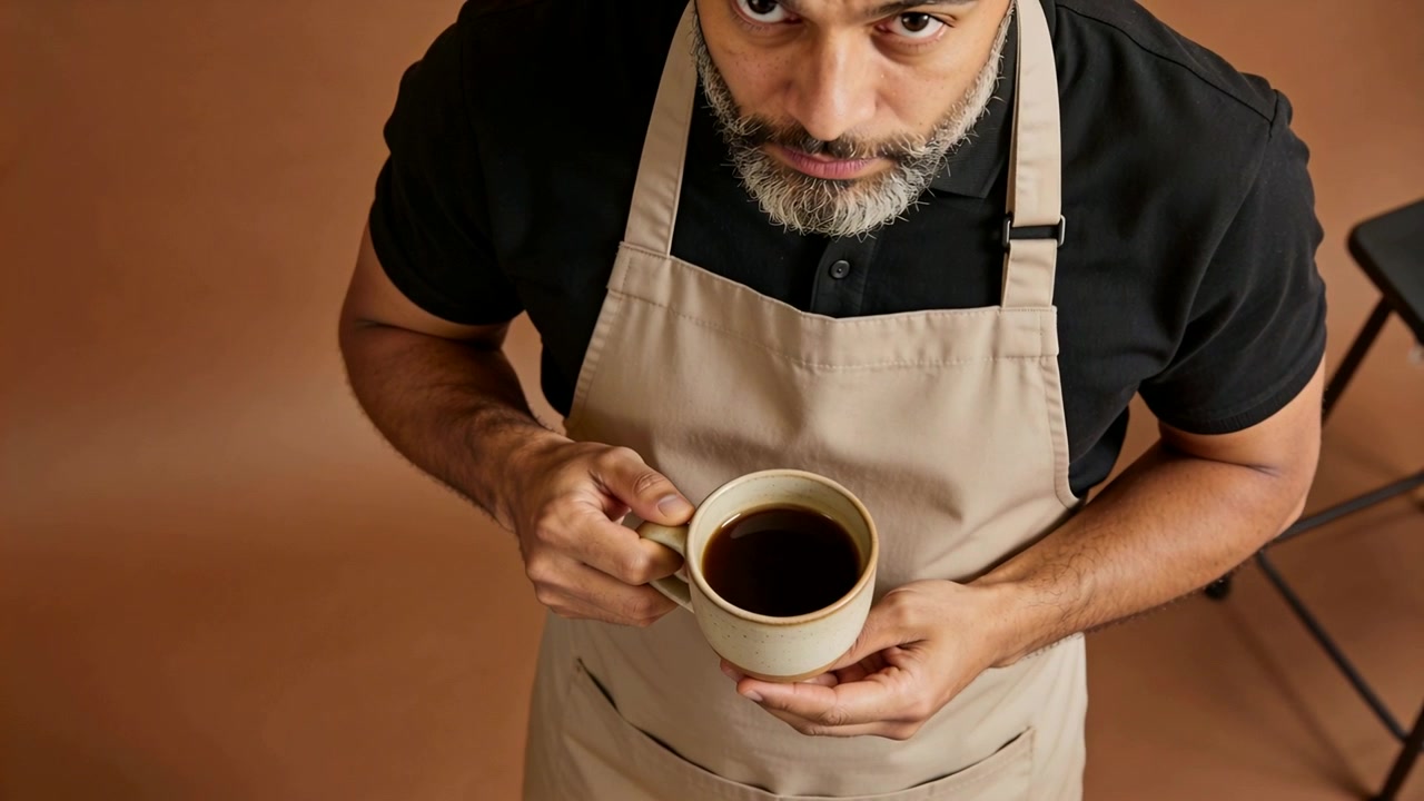 Barista con grembiule beige che tiene una tazza, incrocia lo sguardo e reagisce all'avvicinamento della telecamera in un caffè.