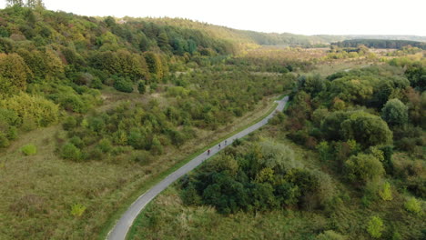 Team-Von-Radfahrern-Fährt-Auf-Majestätischer-Landschaftsstraße-In-Litauen,-Luftdrohnenansicht