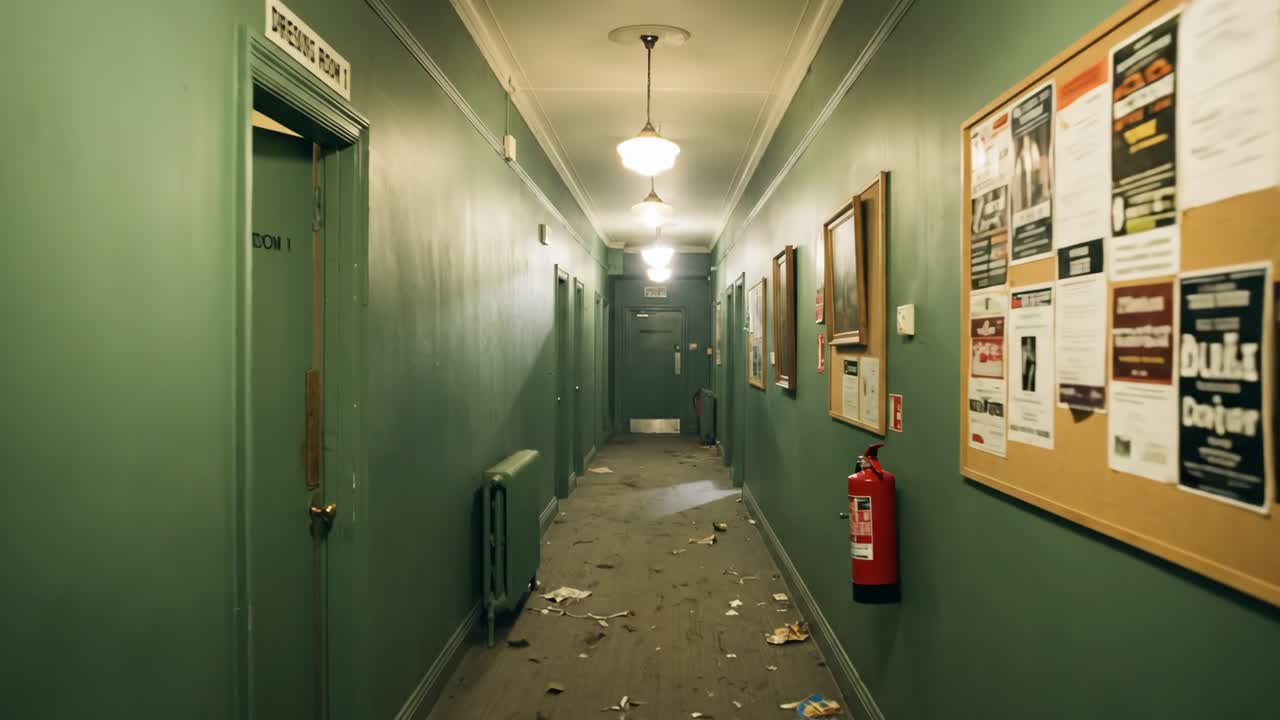 Corredor longo e sinistro em um prédio antigo e abandonado, com escombros no chão.