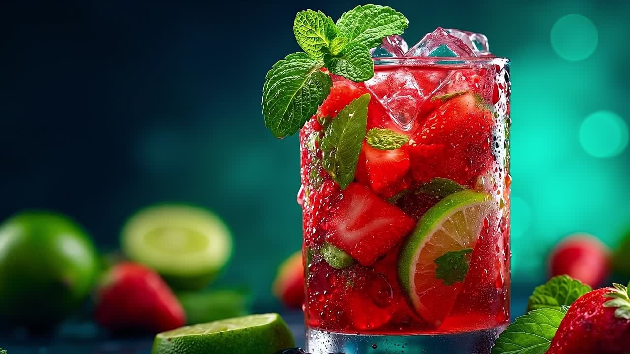 A glass of strawberry mojito with ice, lime and mint leaves