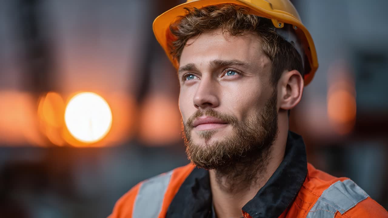 A Thoughtful Construction Worker in a Bright Orange Safety Jacket and Hard Hat, Gazing Towards the Sunset While Contemplating His Day's Work and Responsibilities