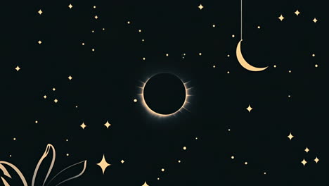 solar eclipse and stars animation over dark sky with crescent moon