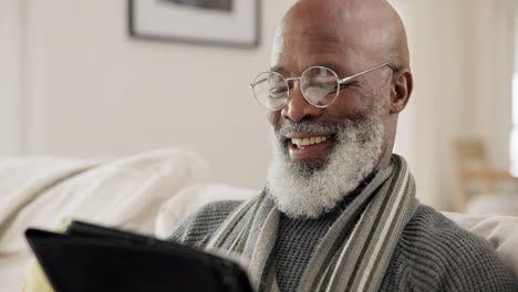 Old-man,-tablet-and-laughing-in-home