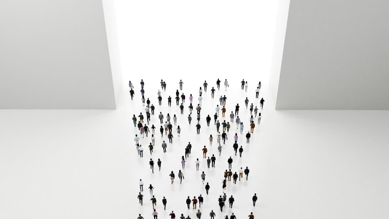 Large Group of People Walking into a Bright Opening