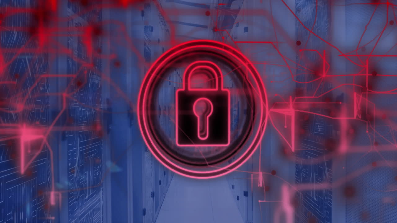 animación del icono del candado y procesamiento de datos a través de servidores informáticos.