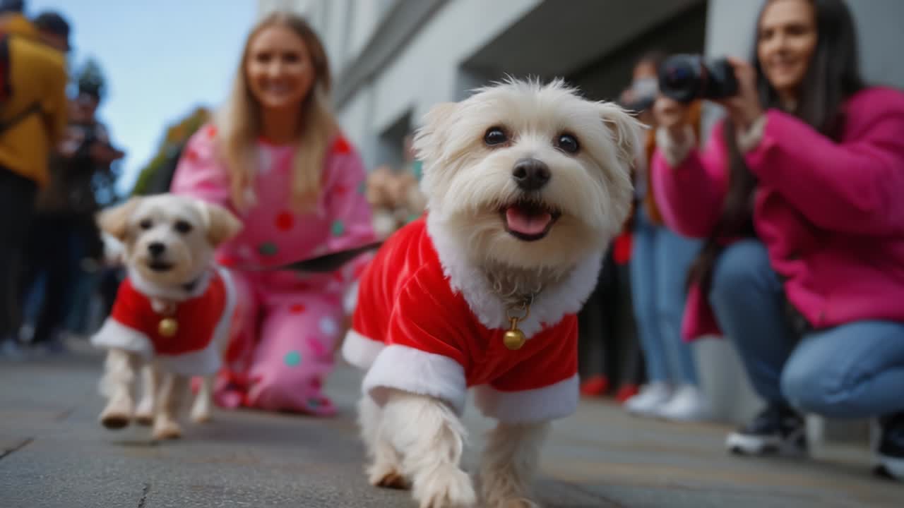 Cheerful dogs dressed in festive red outfits joyfully walk along the street, showcasing their holiday spirit while being admired by onlookers capturing the delightful moment with cameras