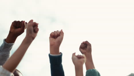 hands, diversity and sky with protest with people