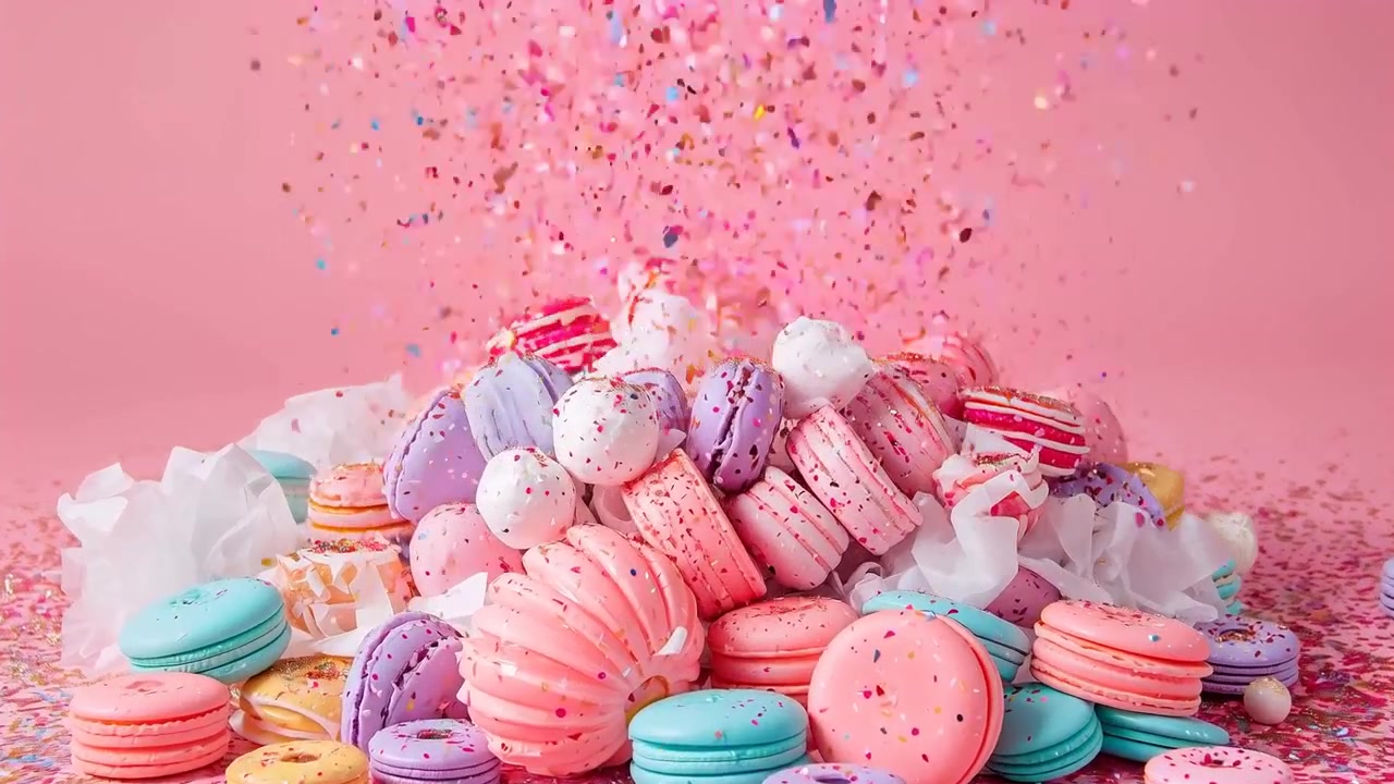 Falling confetti covering centered pile of pastel macarons on pink studio tabletop, with sprinkles