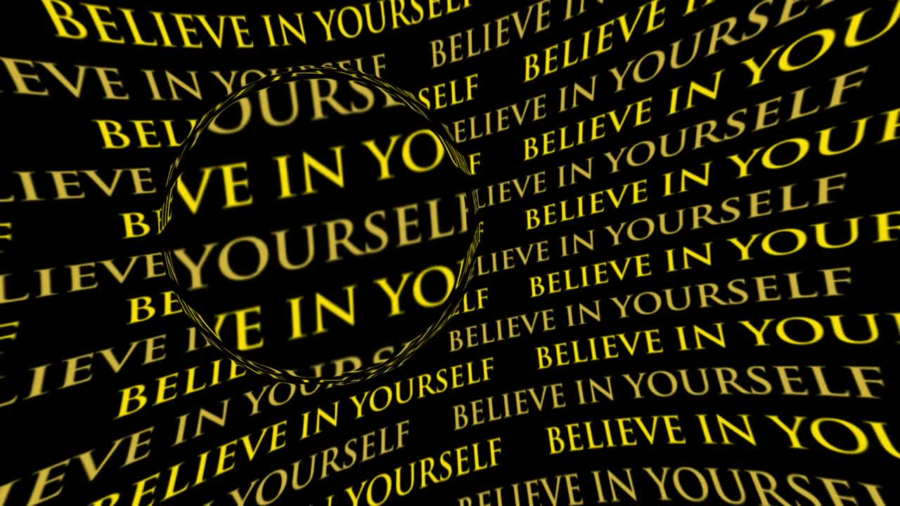 Believe in yourself motivational flowing yellow text animation on black background with magnifying glass effect