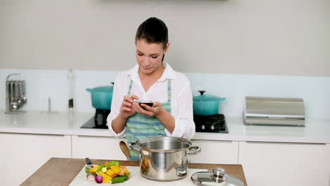 beautiful brunette sending a text while making dinner