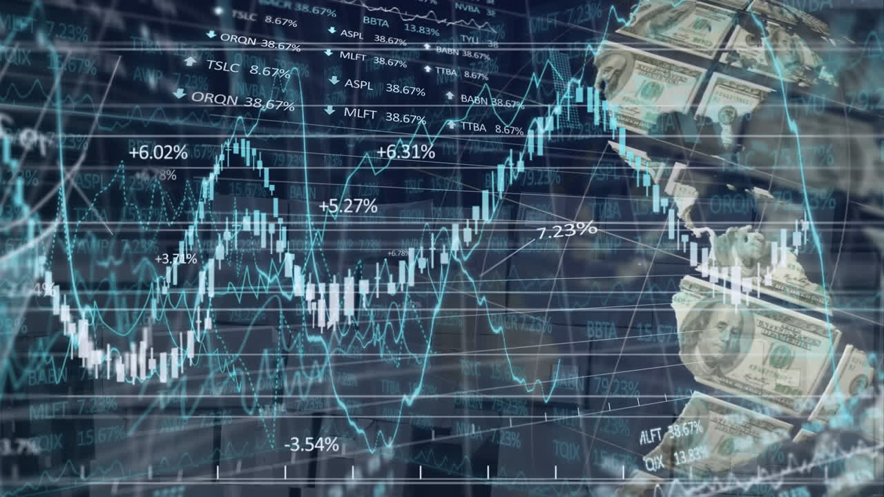 Animation of financial data processing with globe formed with american dollars