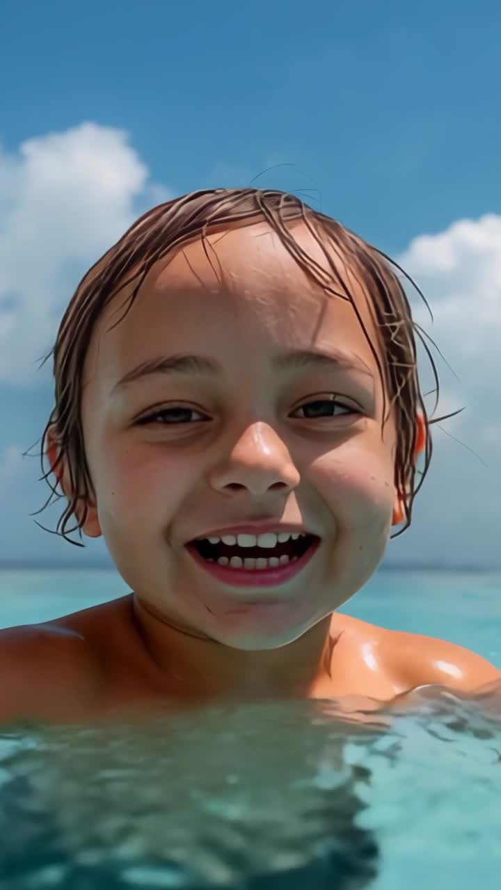 Vertical video: Surfacing through tropical water, shirtless boy splashing droplets at lens for fun