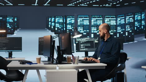 Experienced person typing code on computer monitors in data center