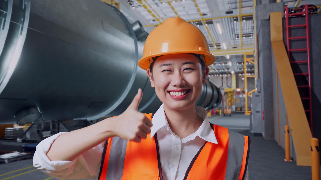 안전 헬을 입은 아시아 여성 엔지니어가 파이프 제조 공장에서 서 있는 동안 웃고 엄지손가락을 보여 카메라에 제스처를 합니다.