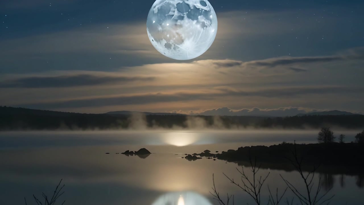 Lua cheia iluminando, projetando reflexo brilhante, levantando névoa sobre lago calmo à noite, galhos.