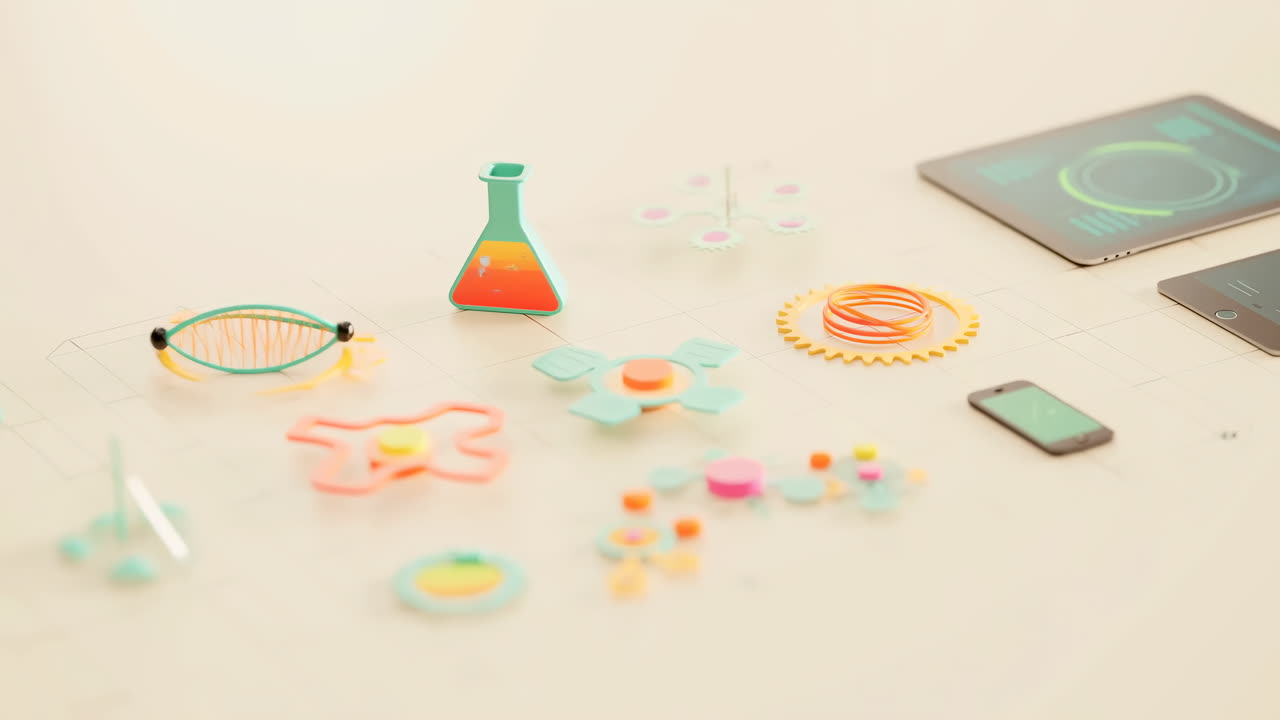 Objetos abstractos de ciencia y tecnología con dispositivos digitales sobre plano