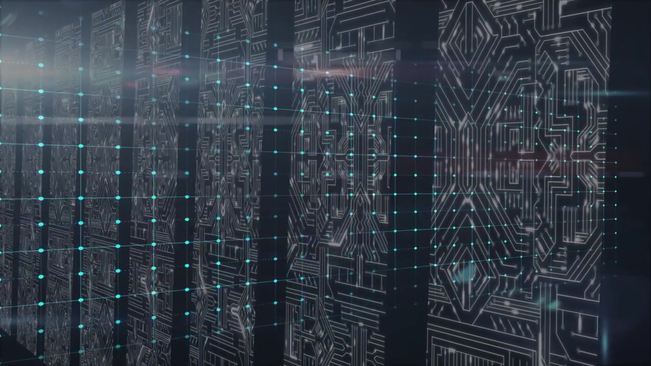 Left pulse moving neon waveform across circuits, pulsing and lighting nodes, showing flow, fading