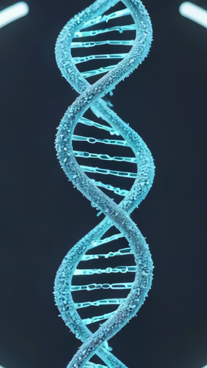 Vertical video: Appearing glowing turquoise DNA helix spinning in digital space, revealing grooves