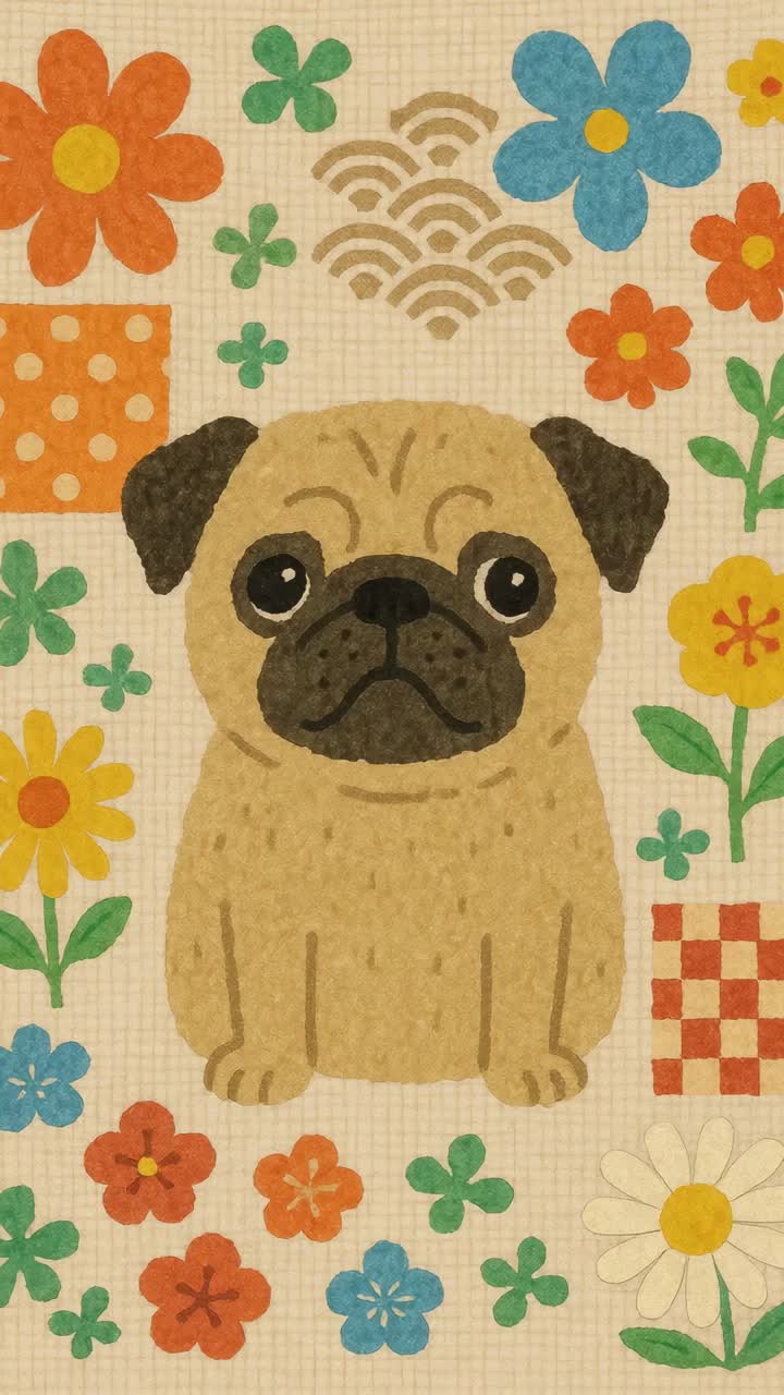 Whimsical illustration of a pug surrounded by colorful flowers, in a top-down view