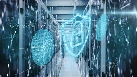 animation of fingerprint, padlock, mathematical equations, connected dots over server room