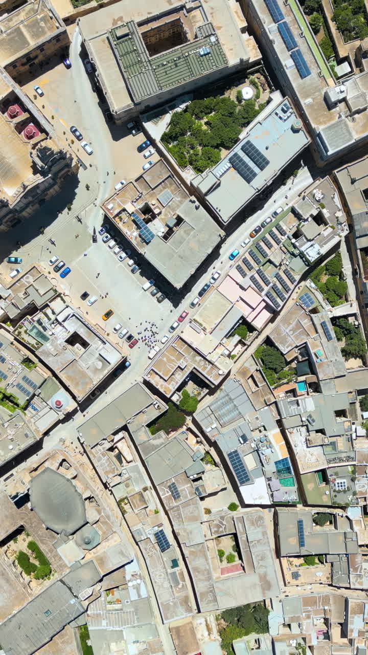 Aerial drone view of the walled city of Valletta, Malta, surrounded by the Mediterranean sea in daylight. Vertical vertical