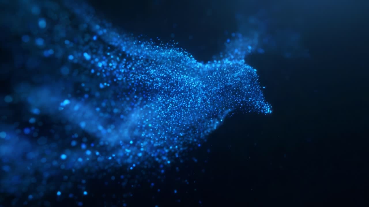 A mesmerizing visual display of shimmering blue particles swirling and forming intricate patterns, illustrating the beauty of dynamic motion and light in an abstract space