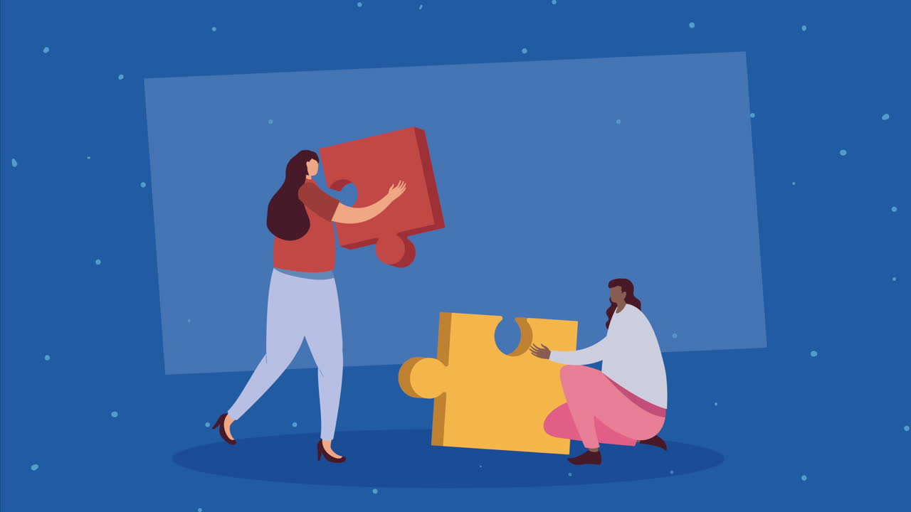 elegant businesswomen with puzzle pieces animation