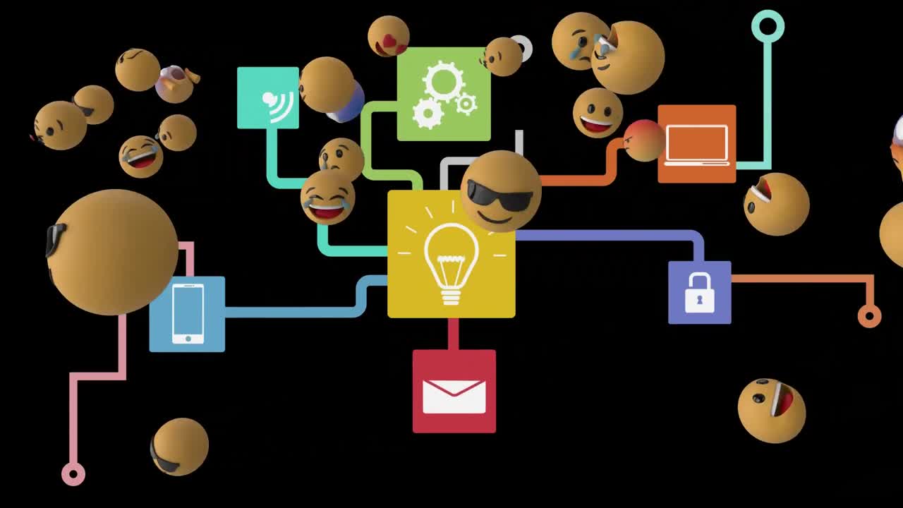 Web of connections icons against Face emojis moving
