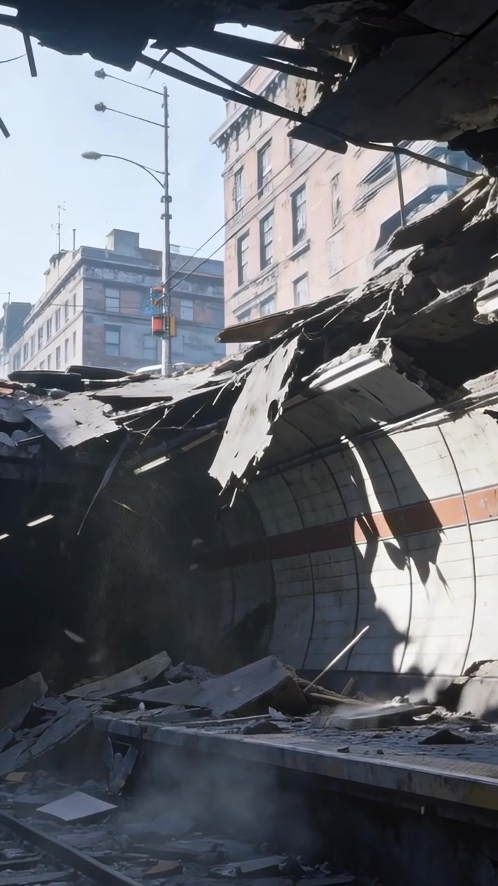 Vertical video: Panning camera upward after breach, documenting collapsed subway platform and rebar