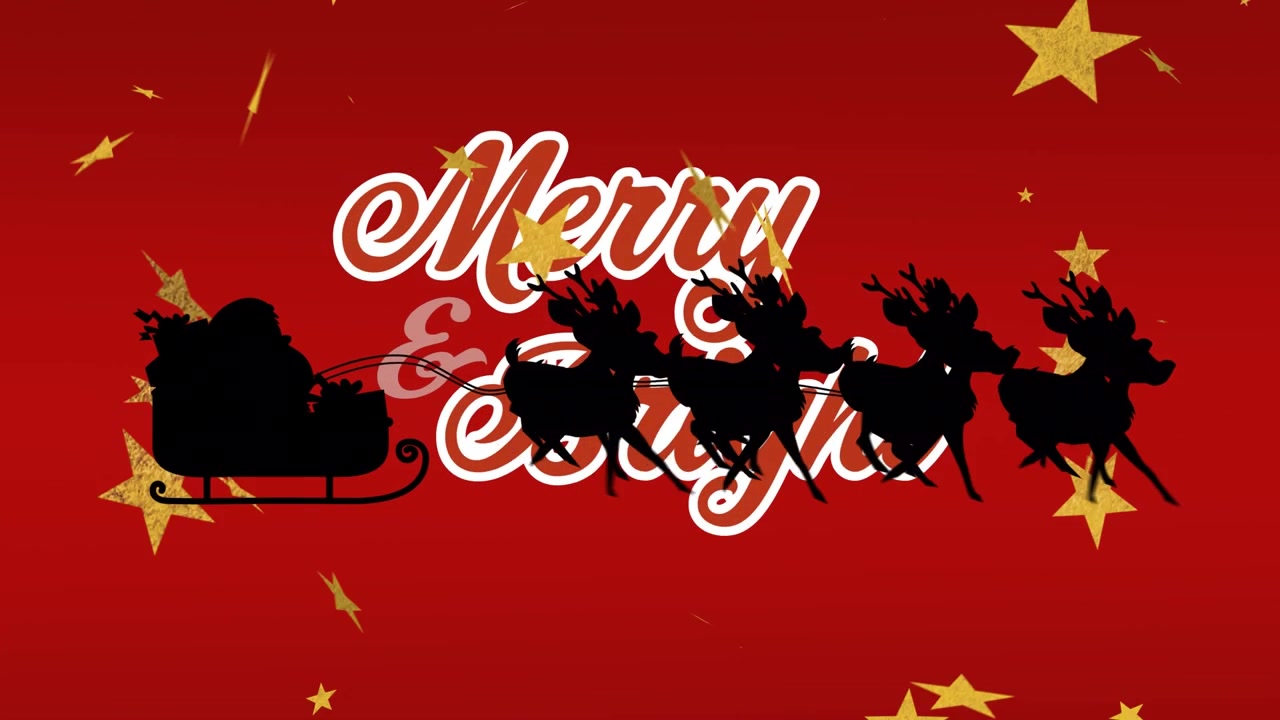 Una silueta de Papá Noel y sus renos volando sobre un fondo blanco.