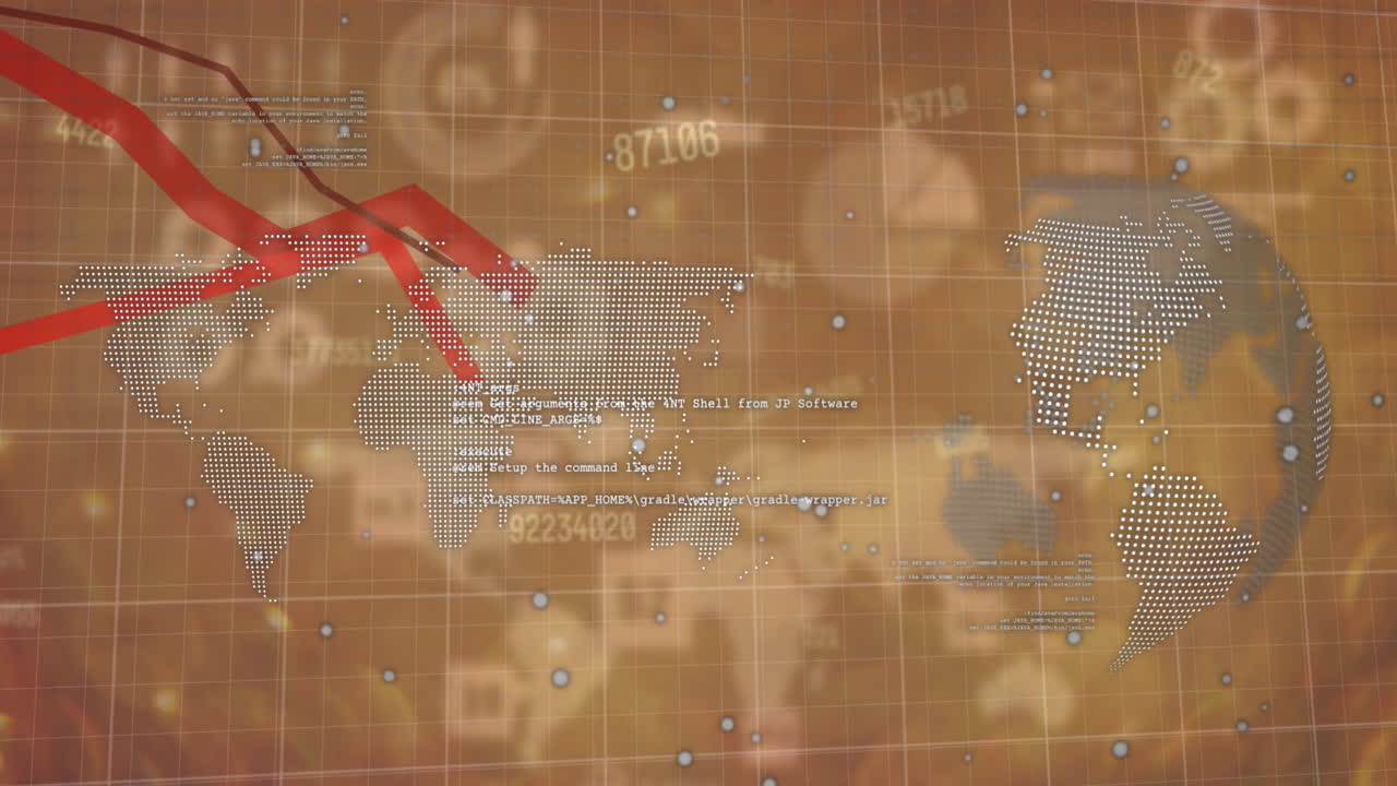 오렌지색 배경에 지구를 가진 데이터 처리의 애니메이션