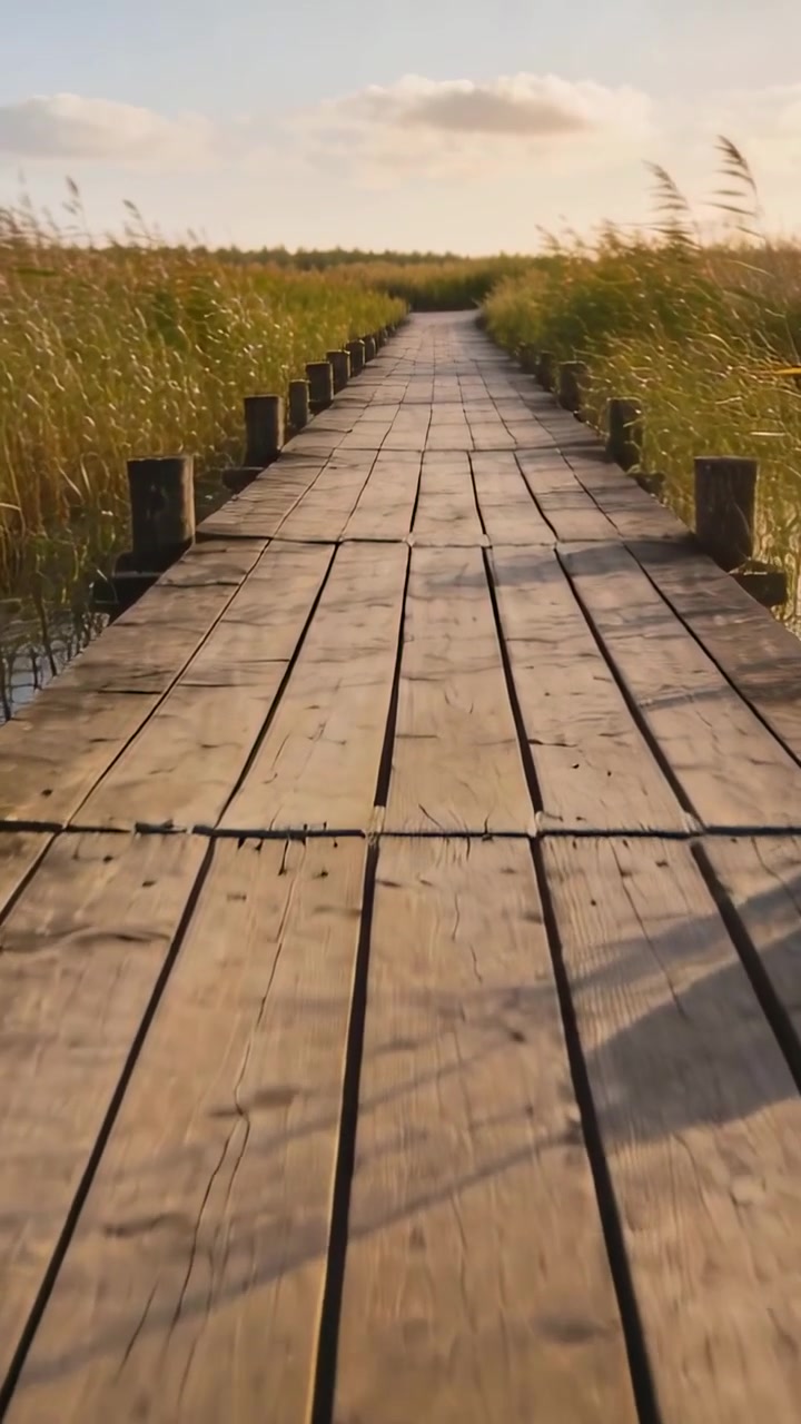 Vertikal video: Kamera, der bevæger sig fremad langs en marskpromenade, med siv, der svajer