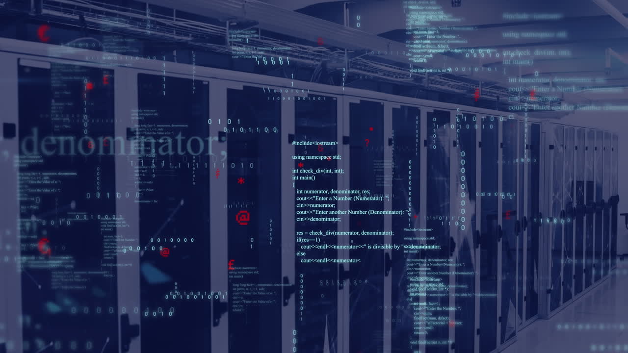 Animation of mathematical equations, binary codes and computer language over server room