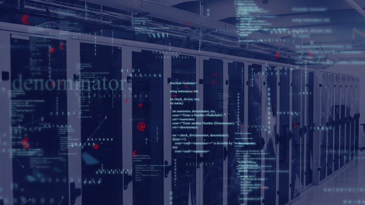 Animation of mathematical equations, binary codes and computer language over server room