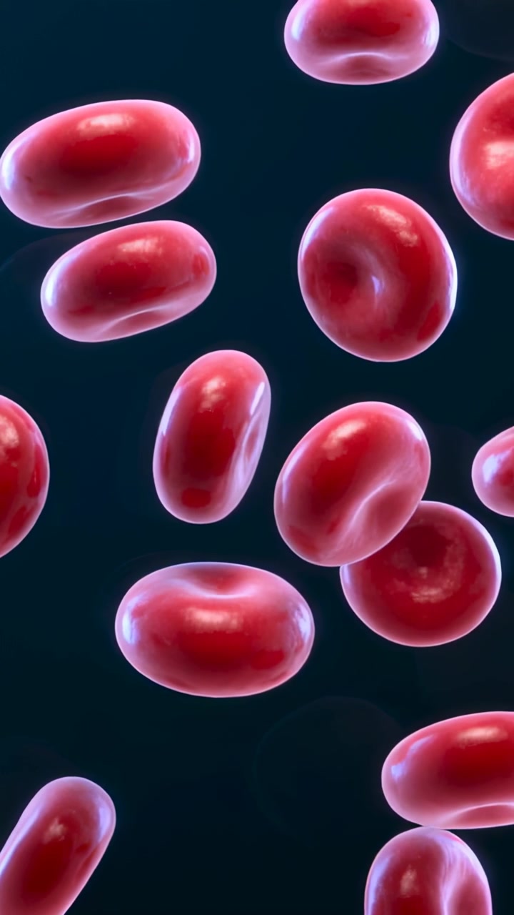 Vertical video: Entering top and sides, erythrocytes drifting down rotating in blue channel by flow