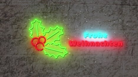 animation of neon christmas seasons greetings in german and decorations over brick wall