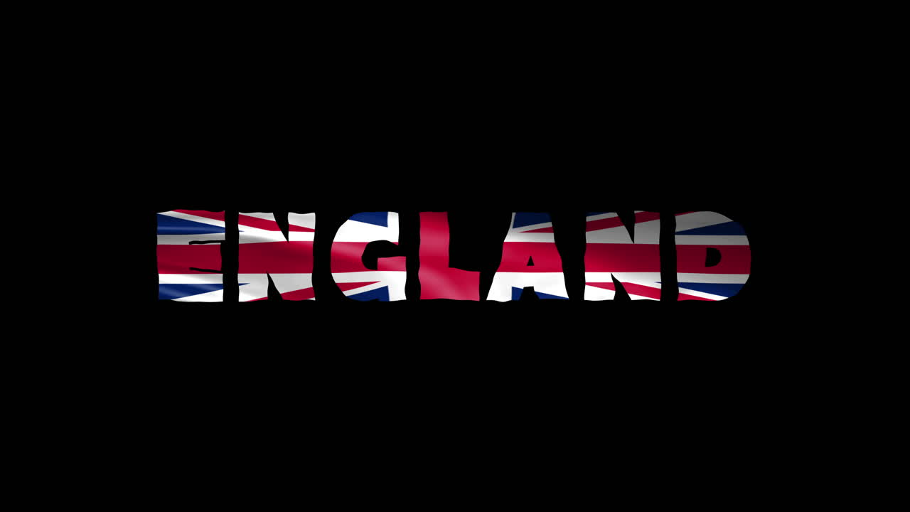 inglaterra país wiggle texto animación letras con su bandera ondeando mezclarse como una textura - pantalla negra de fondo video en bucle